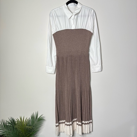 Eb Luxe Maxi Dress Elegant Two-Tone Pleated Sweater Dress Long Sleeve - Picture 1 of 6